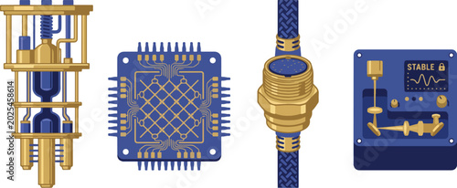 Obraz na plátně Quantum computing components set including dilution refrigerator processor chip connector cable and stable laser system unit