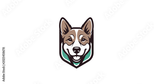 Stylized vector illustration of a happy dog head inside a shield emblem.