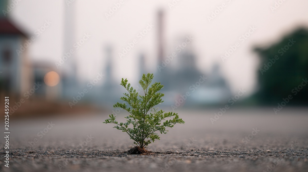 Naklejka premium Small plant growing from concrete against blurry industrial factory backdrop hope resilience symbolizing