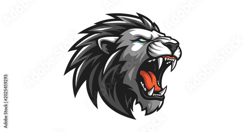 Photos A fierce, stylized illustration of a lion's head roaring with its mouth open, sharp teeth visible, and a dark mane