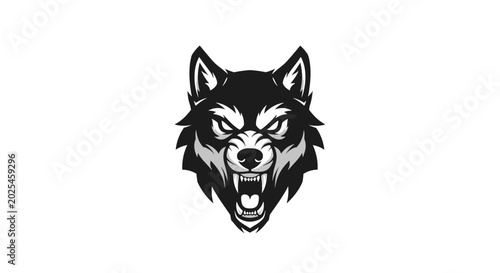 Photos A fierce black and white illustration of a wolf's head with bared teeth and an aggressive expression