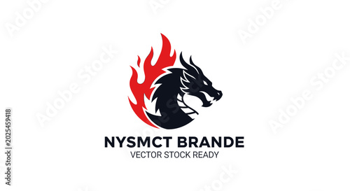 Εκτύπωση καμβά Black dragon head with red flames logo, featuring text 'NYSMCT BRANDE VECTOR STOCK READY' on a white background, representing power and strength