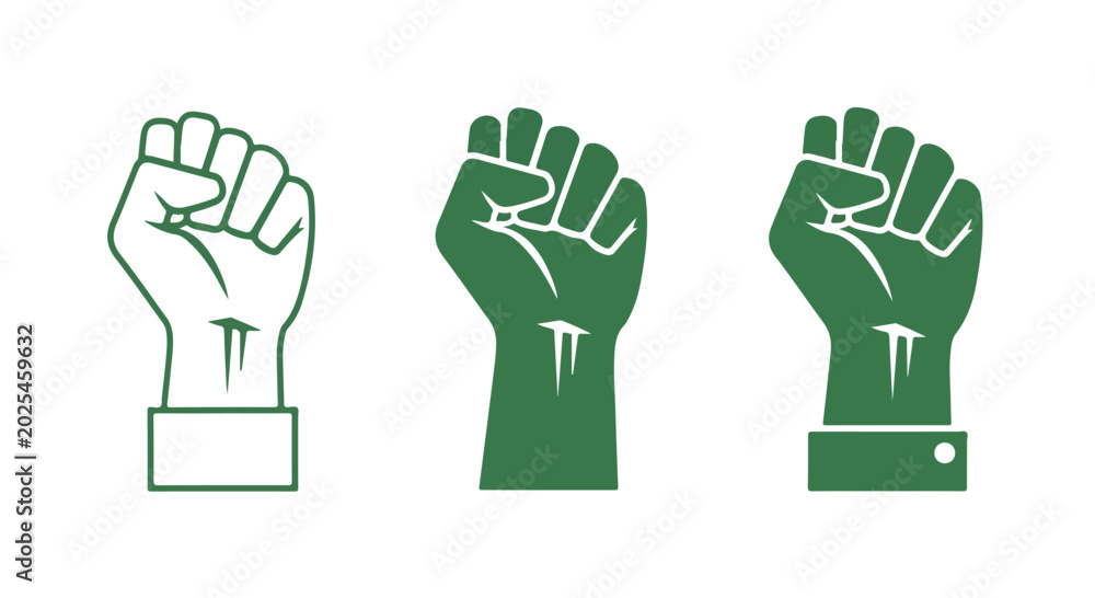 Obraz premium Three illustrated clenched fists in different shades of green symbolizing strength unity and empowerment