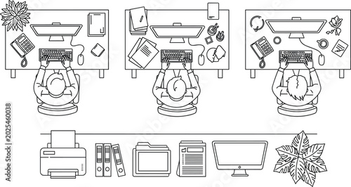 Top view workspace office desk vector illustration featuring productivity organization remote work and creative professional environments