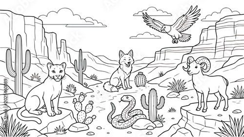 Cuadro en lienzo Desert animals coloring page vector, wild southwest landscape with coyote and mo
