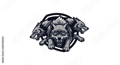 Foto A fierce three-headed wolf mascot logo with sharp teeth and an aggressive expression, set against a dark shield
