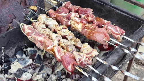 Grilling delicious skewered meat on an outdoor barbecue at summer gathering