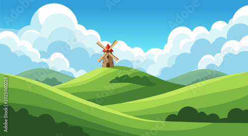 Foto Charming vector illustration of a quaint windmill standing atop rolling green hi