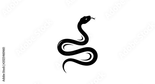 Obraz na płótnie A striking black silhouette of a coiled snake with its tongue flicking out, set against a stark white background