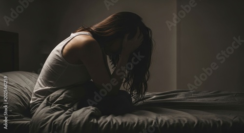 Woman sitting on bed in dark room head in hands feeling distressed.