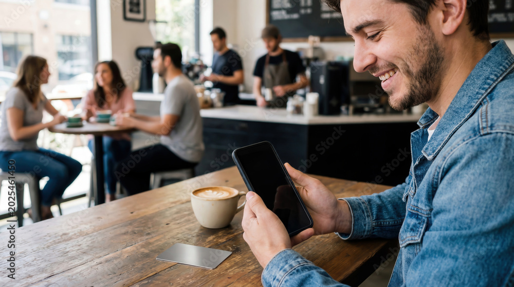 Smiling young man using smartphone at a cafe table while enjoying coffee in a relaxed social setting