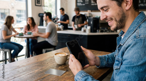 Smiling young man using smartphone at a cafe table while enjoying coffee in a relaxed social setting