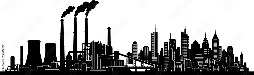 Fototapeta premium Industrial factory chimneys emitting smoke next to modern city skyline