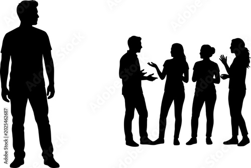 Lone male figure observing group of friends socializing silhouette