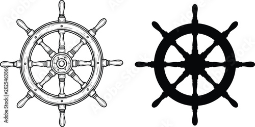 Vintage nautical steering wheel vector illustration featuring engraved maritime helm symbols for ocean navigation and seafaring themes