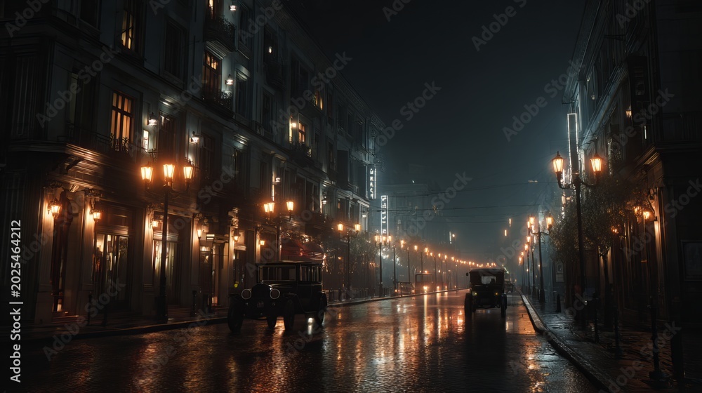 Fototapeta premium Dim city street at night, illuminated street lamps, dark building facades, moody urban atmosphere, wide outdoor cityscape background