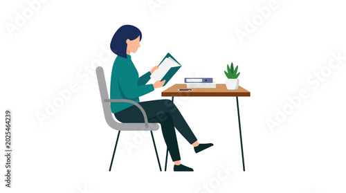A vector illustration of a professional woman sitting at a wooden desk in an office setting, intently reading documents from a folder.
