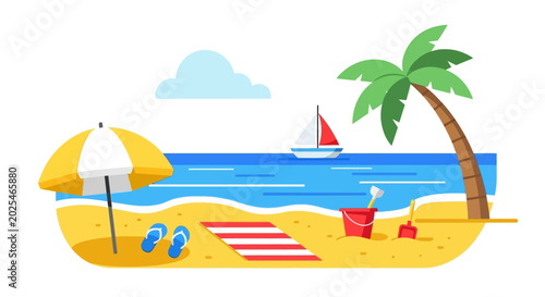 Fotografía Tropical Beach Vacation Scene with Palm Tree, Umbrella, and Sailboat
