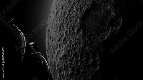 Spacecraft approaching dark cratered moon
