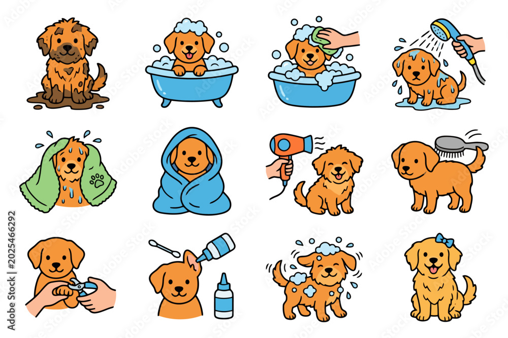 Obraz premium Adorable golden retriever puppy in various grooming and bathing activities.