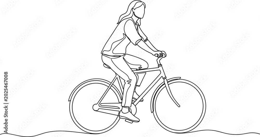 Fototapeta premium Woman riding bicycle line art vector illustration featuring healthy lifestyle outdoor transportation and recreational cycling activity concept