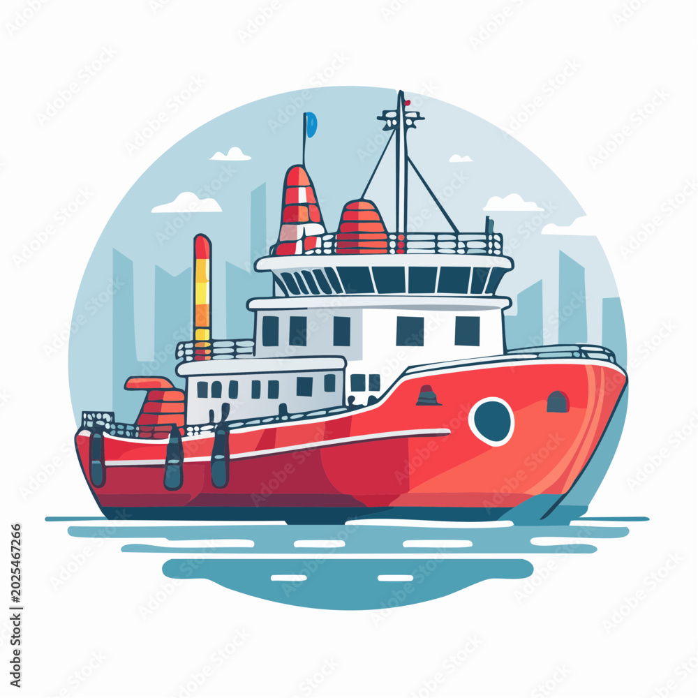 Fototapeta premium Illustration of a Red Tugboat in a Harbor with City Skyline