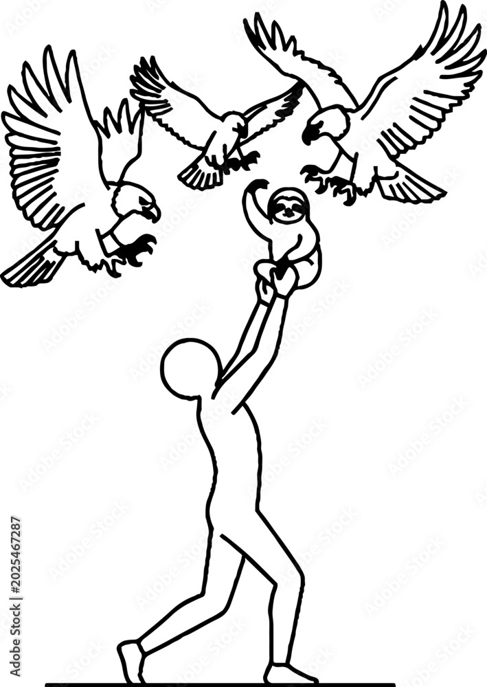 Fototapeta premium Lifting sloth to safety away from soaring eagles