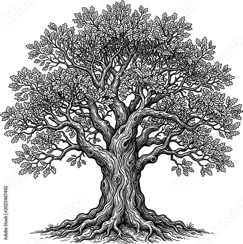 Mature oak tree with expansive leafy canopy and gnarled trunk in classic etching style