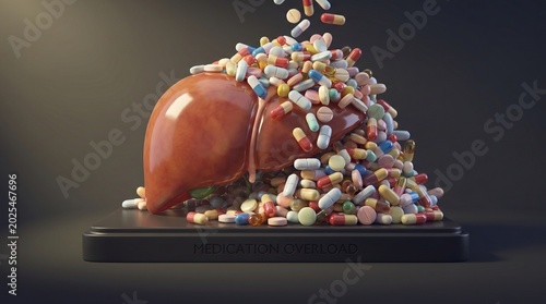 Liver overload conceptual illustration of medication toxicity and pharmaceutical burden