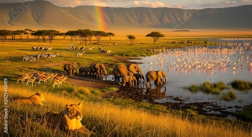 Breathtaking sunset view of the ngorongoro crater in tanzania featuring a pride of lions, a herd of elephants, zebras, and a flock of flamingos