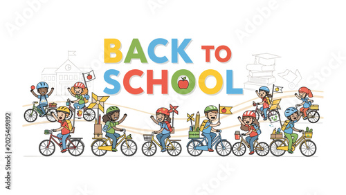 Back to School Bicycle Parade: A vibrant illustration depicts a diverse group of happy children riding bicycles, adorned with flags and banners.