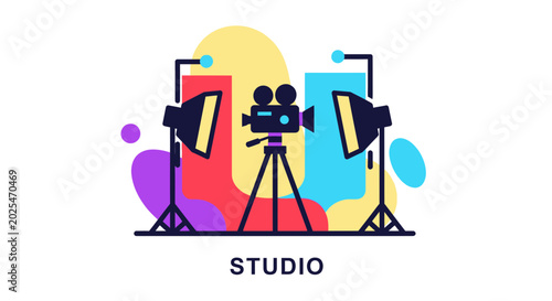 Bild auf Leinwand Film Studio Setup with Camera, Lights, and Colorful Background