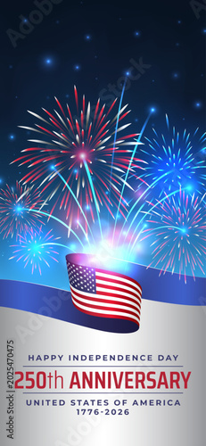 250th anniversary of the USA. 250 years of independence. 4th of july usa independence day. American flag, fireworks on night sky background. Vertical wallpaper, poster, banner. Vector illustration