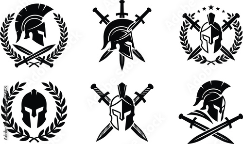 Bild auf Leinwand Black and White Spartan Helmet Vector Icons with Crossed Swords Laurel Wreath an