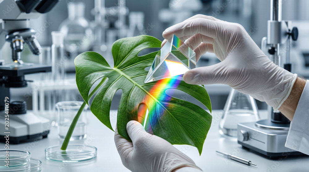 Fototapeta premium Scientist studies plant leaf with prism, creating rainbow spectrum in laboratory, symbolizing research for environmental sustainability.