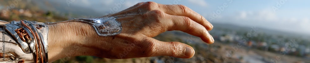 Naklejka premium Elderly hand with futuristic medical smart patch delivering insulin automatically based on real time data in bright lab.