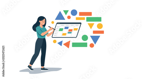 Foto A female professional uses a stylus to manage projects on a digital interface, surrounded by vibrant shapes representing tasks and ideas