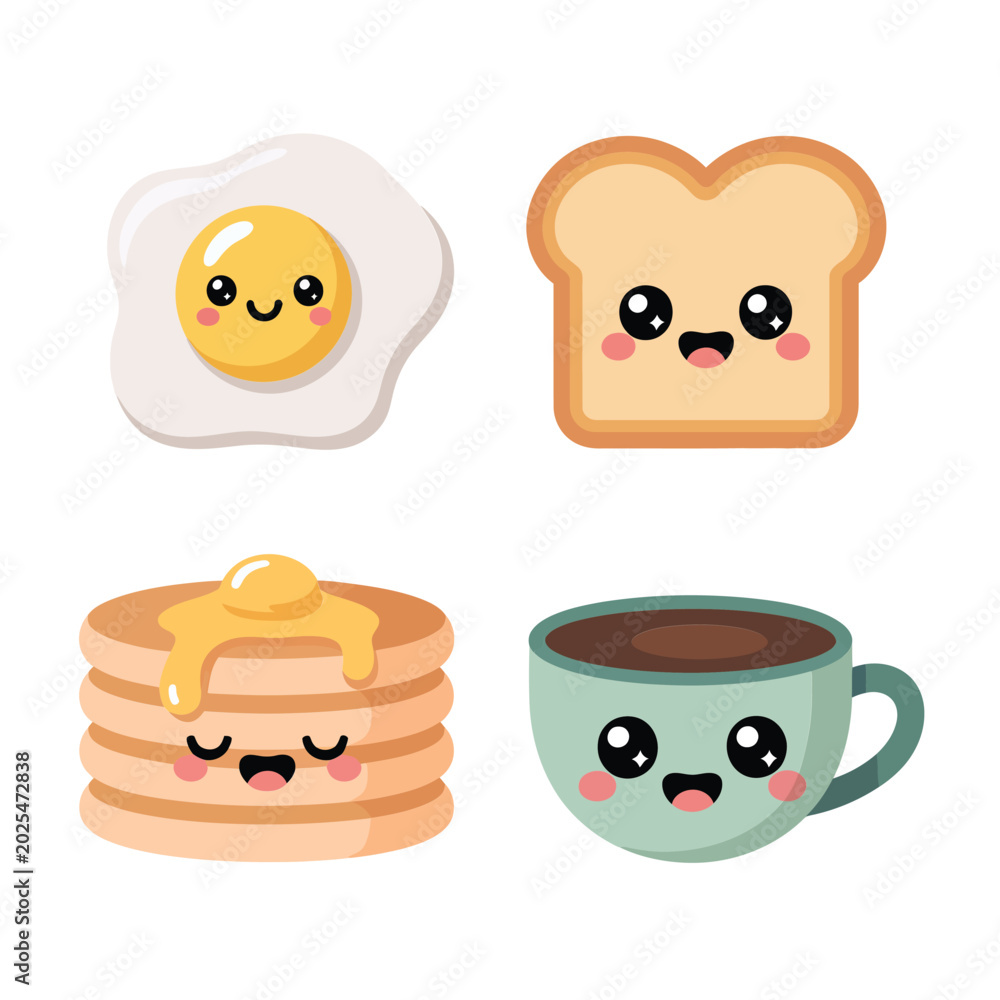 Fototapeta premium Morning Meal Characters, Sunny Egg, Smiling Toast, Pancakes, Coffee Cup, Trendy Cute Style, Sticker Pack, Icon Set, Flat Vector Icons
