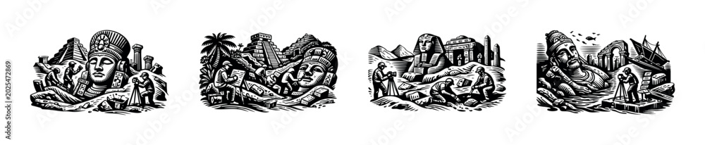 Obraz premium Archaeologists discover ancient monumental statues and ruins from different cultures