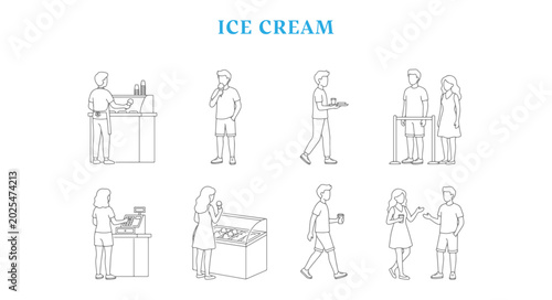 Fotografie Ice Cream Shop People Vector Set Elevation View Scale Figures for Architectural