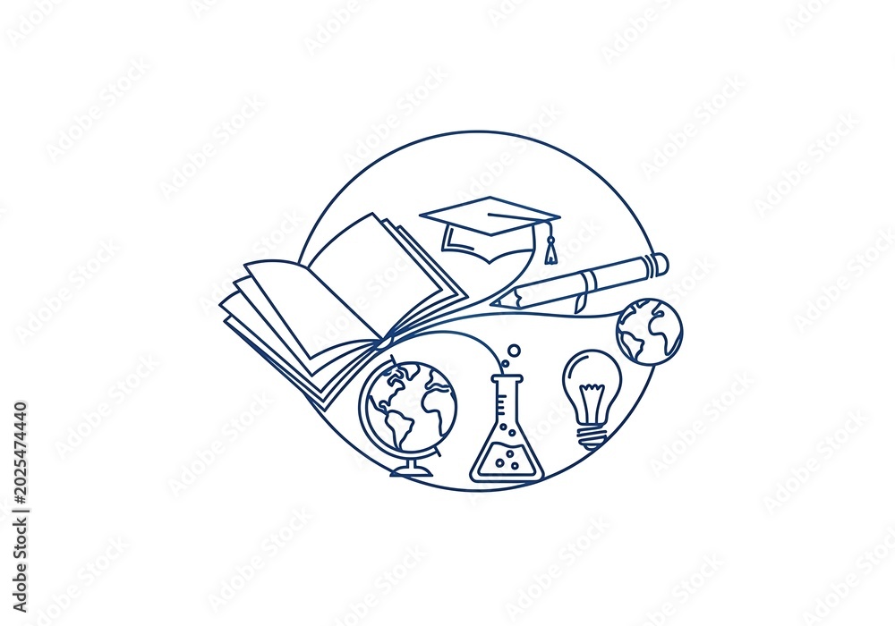 Fototapeta premium Education icons set with book graduation cap pencil globe beaker and light bulb line art design