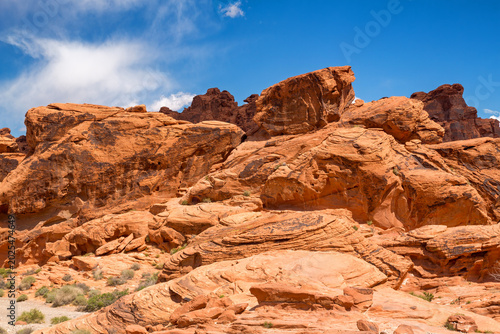 The stunning red rock formations of the Valley of Fire State Park, Nevada, USA. Desert vegetation in the foreground with a summer sky background.