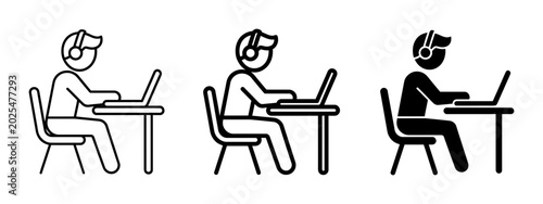 Photos Minimalist Stick Figure Person Working Laptop Headphones Set for Business Techno