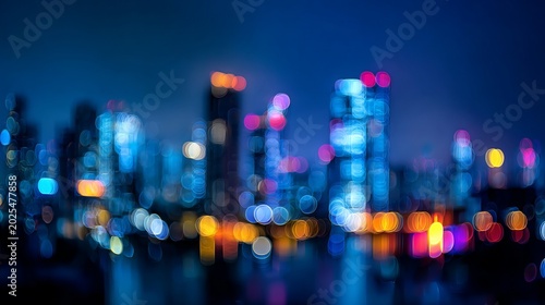 Abstract night cityscape with blue light filter, soft glowing bokeh, dark urban background, display or montage overlay template