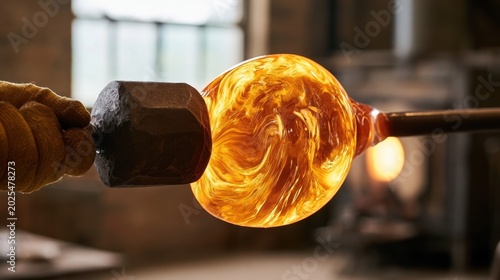 Close-up image of glowing molten glass being shaped by glassblower with tool