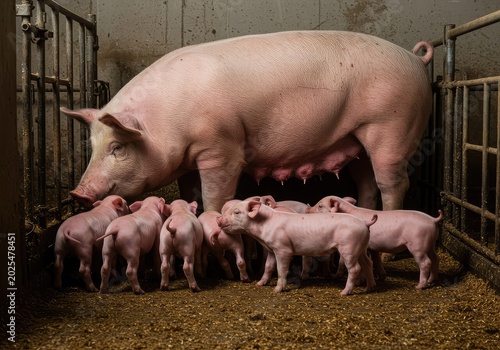 A large mother pig feeds her hungry litter of tiny, newborn piglets in a protective farrowing pen on a commercial farm operation ,pink ,newborn ,baby