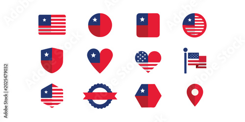 American and Chilean flags in various shapes and symbols  patriotic icons set