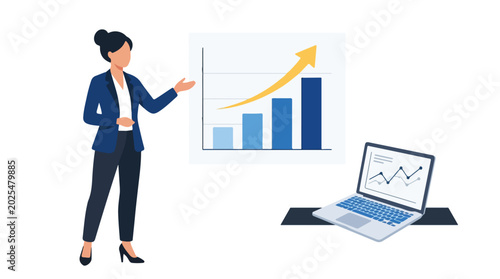 A professional businesswoman in a blue suit presents a growing bar chart next to a laptop showing financial analytics on a plain background.
