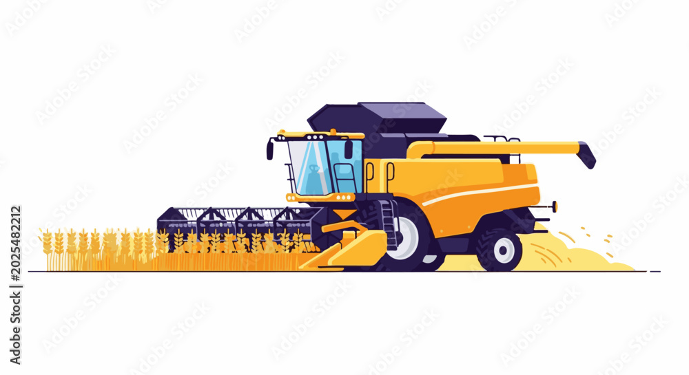 Obraz premium Yellow combine harvester cutting golden wheat field on a clear day