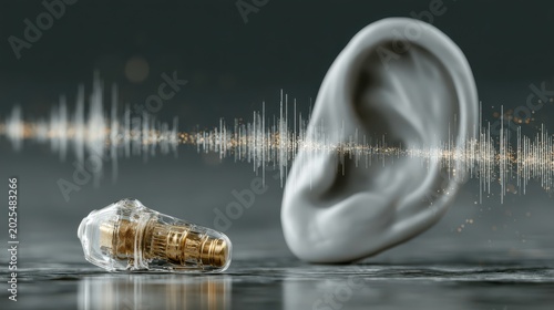 A close-up image of a cochlear implant's internal component resting beside a human ear, highlighting advanced medical technology for hearing restoration.